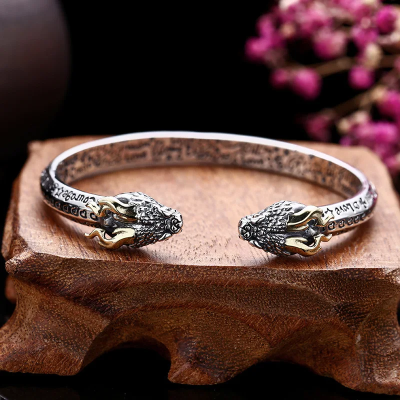 BOCAI S925 Sterling Silver Charms Bracelets for Men Antique Double Dragon Head Letter Pattern Punk Bangle Fine Choice Jewelry