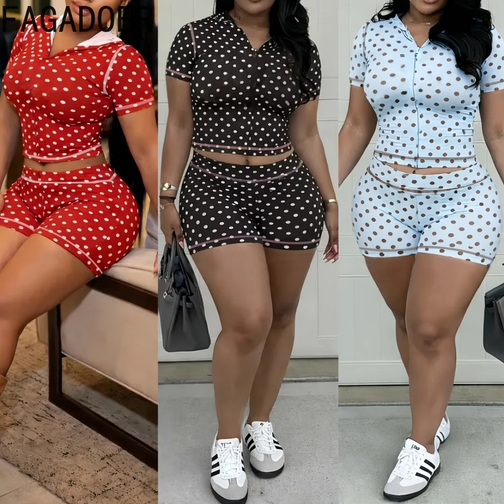 

FAGADOER Sexy Women's Matching Sets Polka Dot Print Patchwork Short Sleeve Top and Shorts Female 2 Pieces Streetwear 2026 New