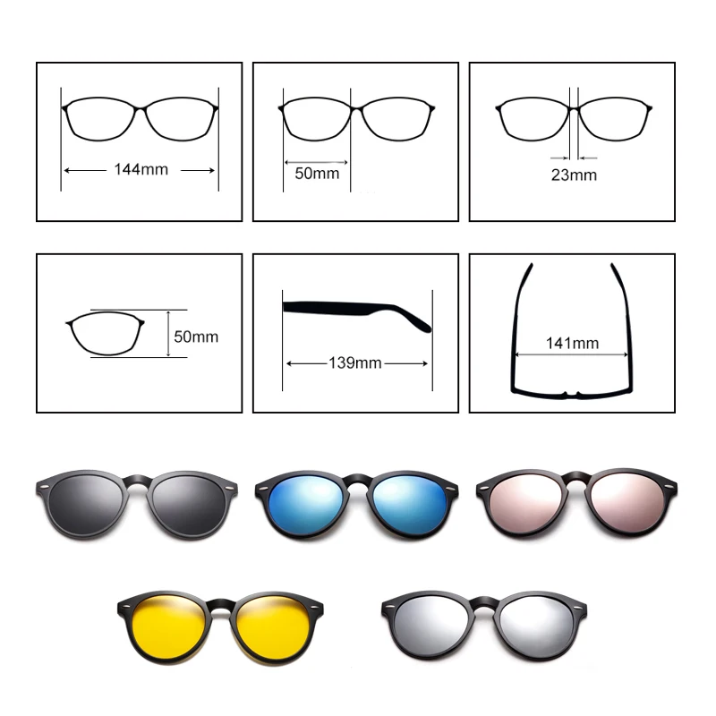 Ralferty 5 In 1 Magnet Sunglasses Women Polarized Clip On Glasses Men Round Prescription Optic Frames Yellow gunes gozlugu A2205