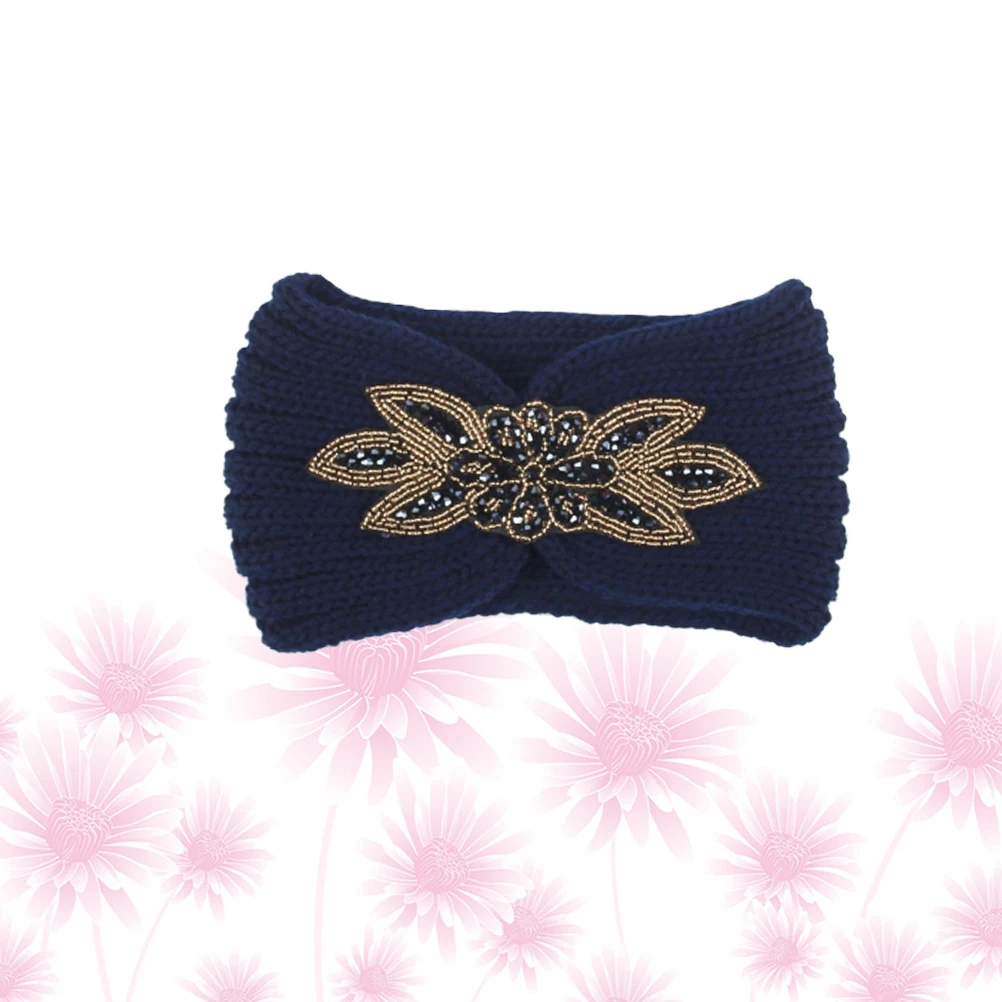 

Drilled Rhinestone Headband Knitted Woolen Yarn Hair Band Winter Warm Flower Pattern Minimalist Headwrap Navy Hair Hoops