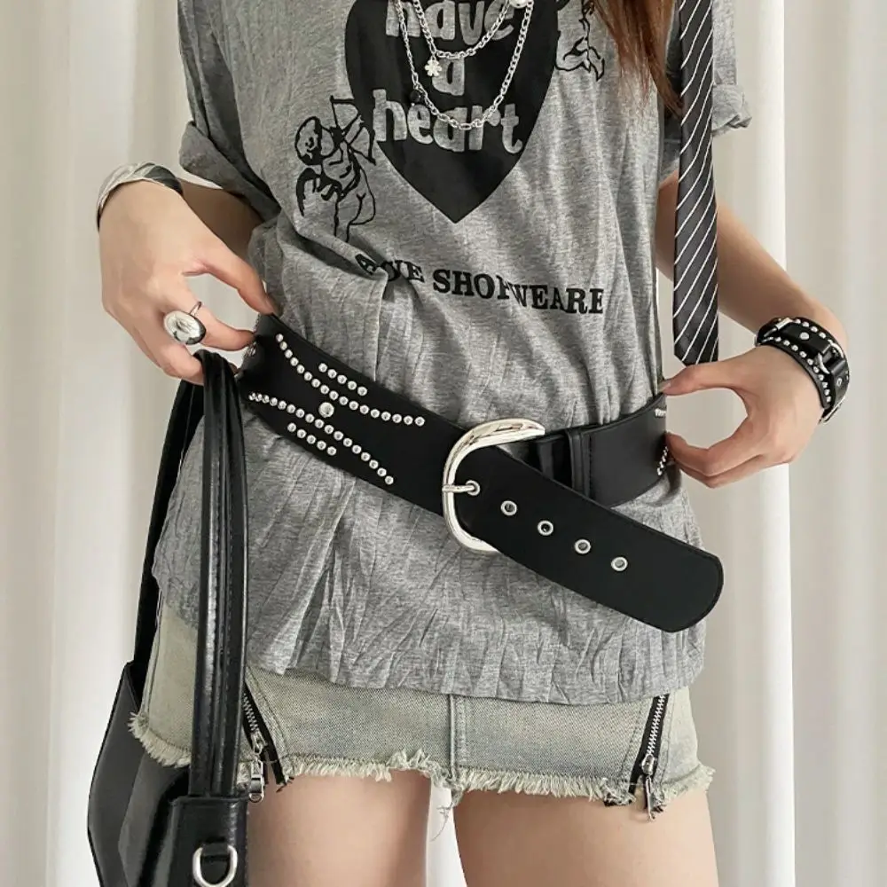 

Retro Korean Women's Waist Belt Gothic Leather Rivet Wide Belt Punk Black White Dress Jeans Belt Skirt Accessory