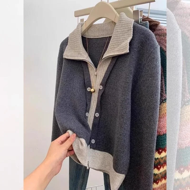 

Spring Autumn New Korean Style Design Lapel Fake Two-piece Knitted Cardigan Women's Loose Top Fashion Sweater Jacket