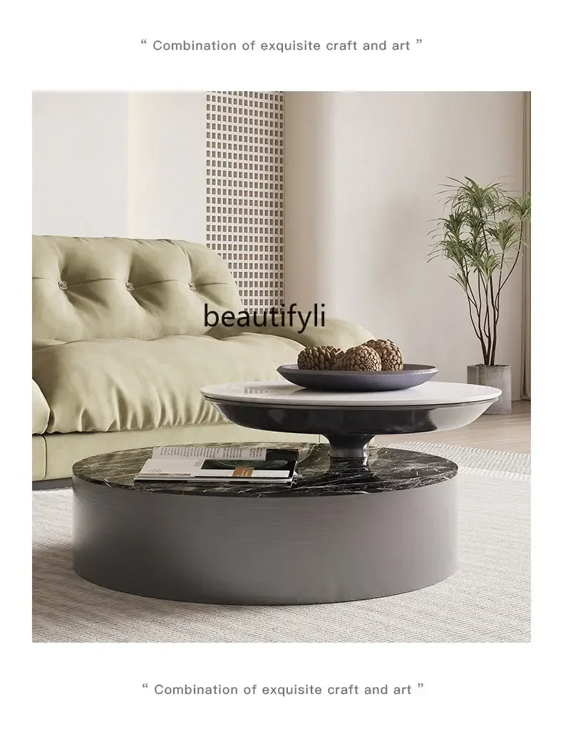 D178 Y zq Modern Stone Plate Coffee Table Italian Living Room round Tea Table Small Apartment Rotating Metal Tea Table