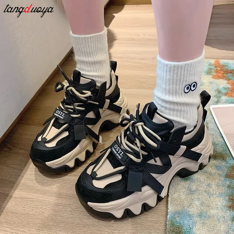 platform sneakers Women\'s Chunky Sneakers Black brown Platform Tennis Shoes for Women Thick Bottom Breathable Sports Dad Shoes