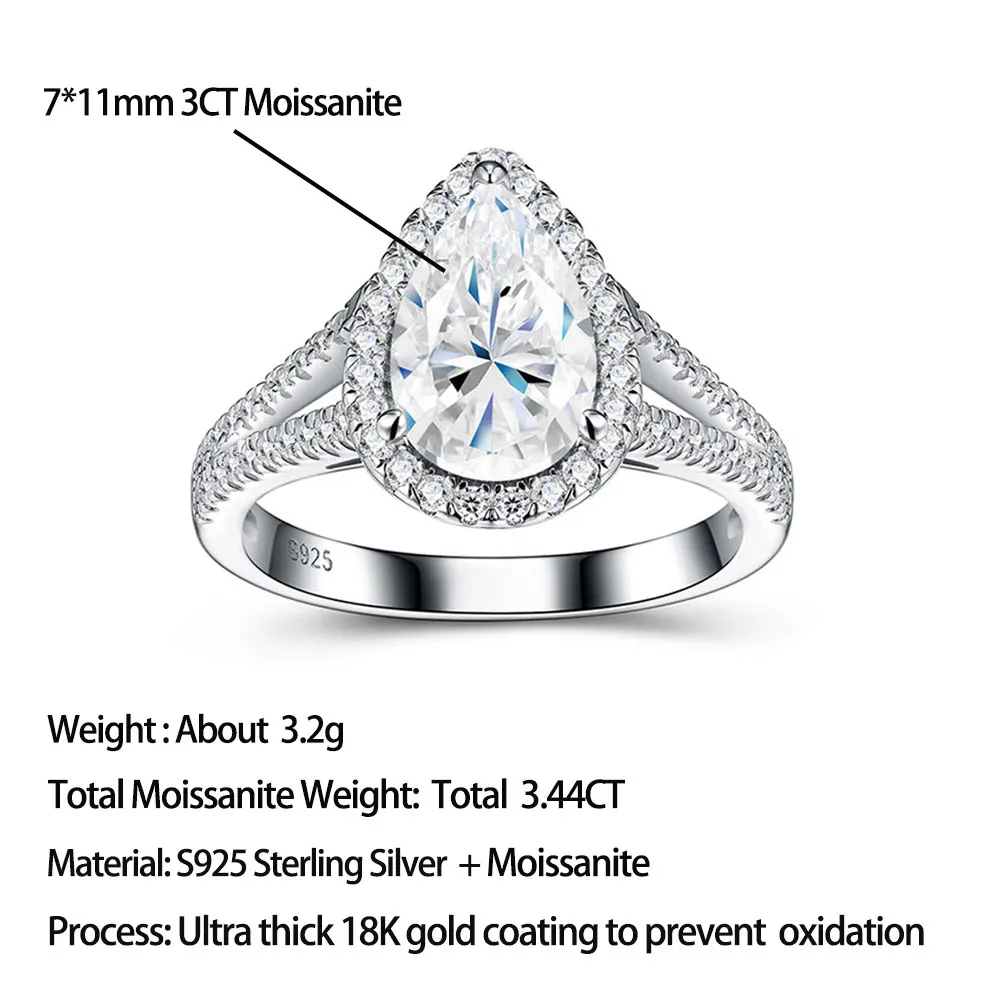 LinkerLove 3CT Moissanite Engagement Ring 925 Sterling Silver Pear Cut Halo Diamond Wedding Band Fine Jewelry Anniversary Gift