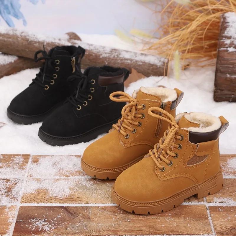 

Children's Fashion Warm Snow Boots - Black & Tan Options, Fleece - Lined, Lace - Up with Side Zipper Winter Warm Kid's Shoes