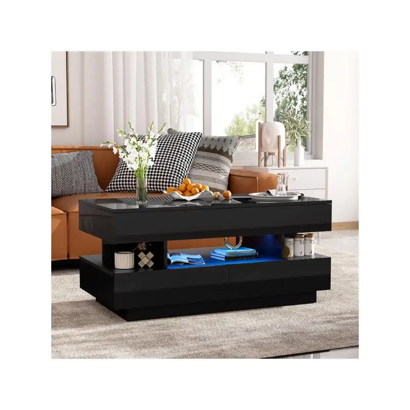 طاولة قهوة حديثة قابلة للرفع مع درجين طاولة متعددة الوظائف مقصورة مخفية لمسة نهائية عالية اللمعان لديكور غرفة المعيشة