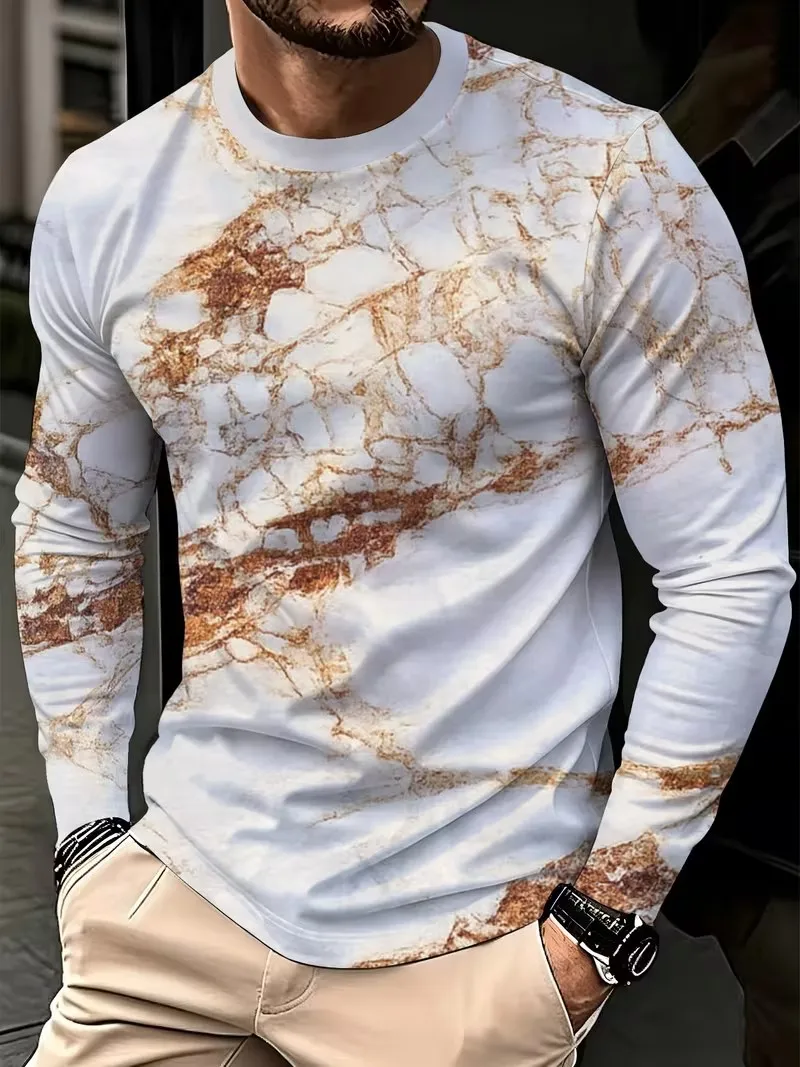 2026 autumn and winter men's new long sleeved round neck T-shirt, 3D fashionable fully printed casual versatile men's top