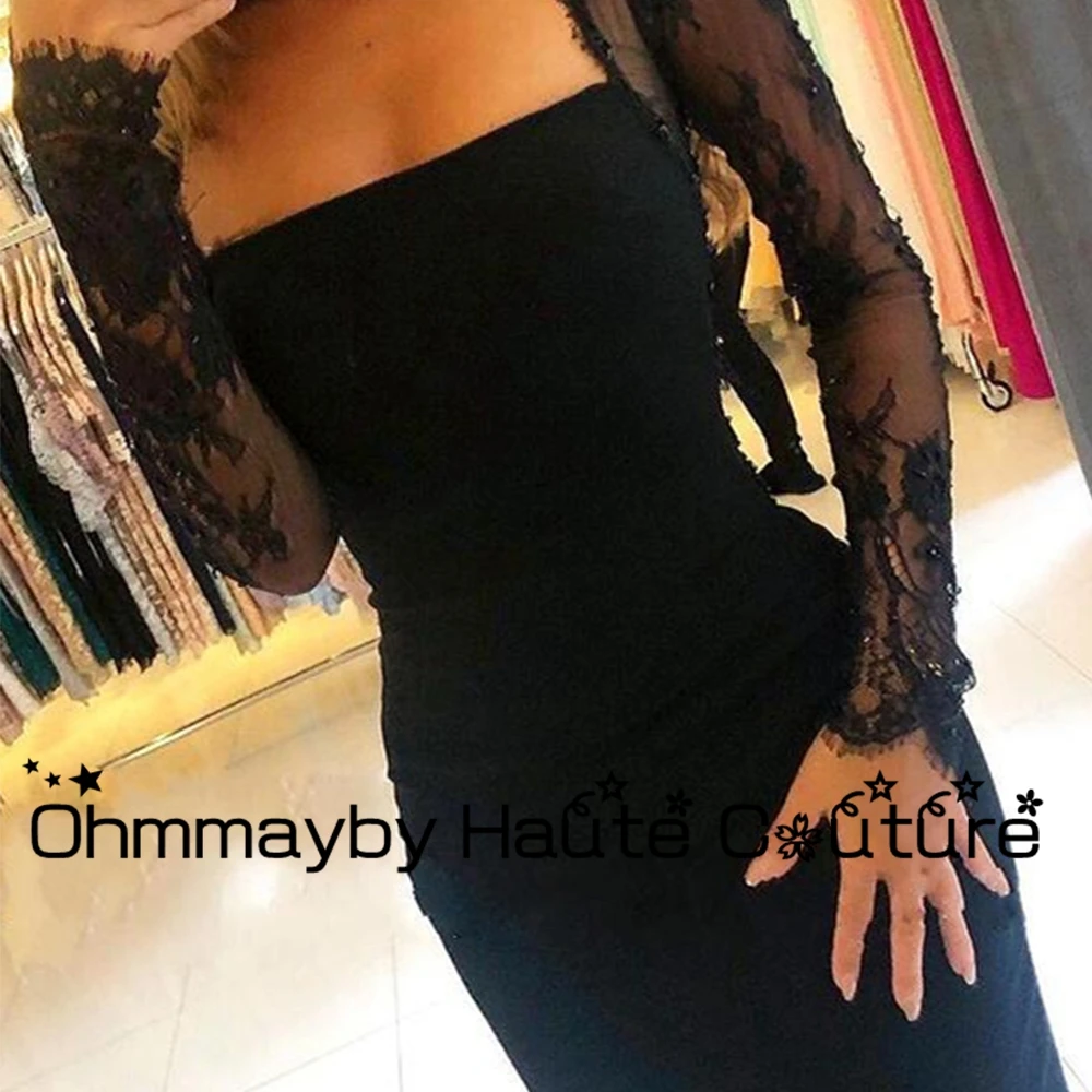 Sweep Train Mermaid Prom Gown Black Fashion Full Sleeves Lace Evening Dresses with Bow Jersey Robes De Soirée 2024 Summer