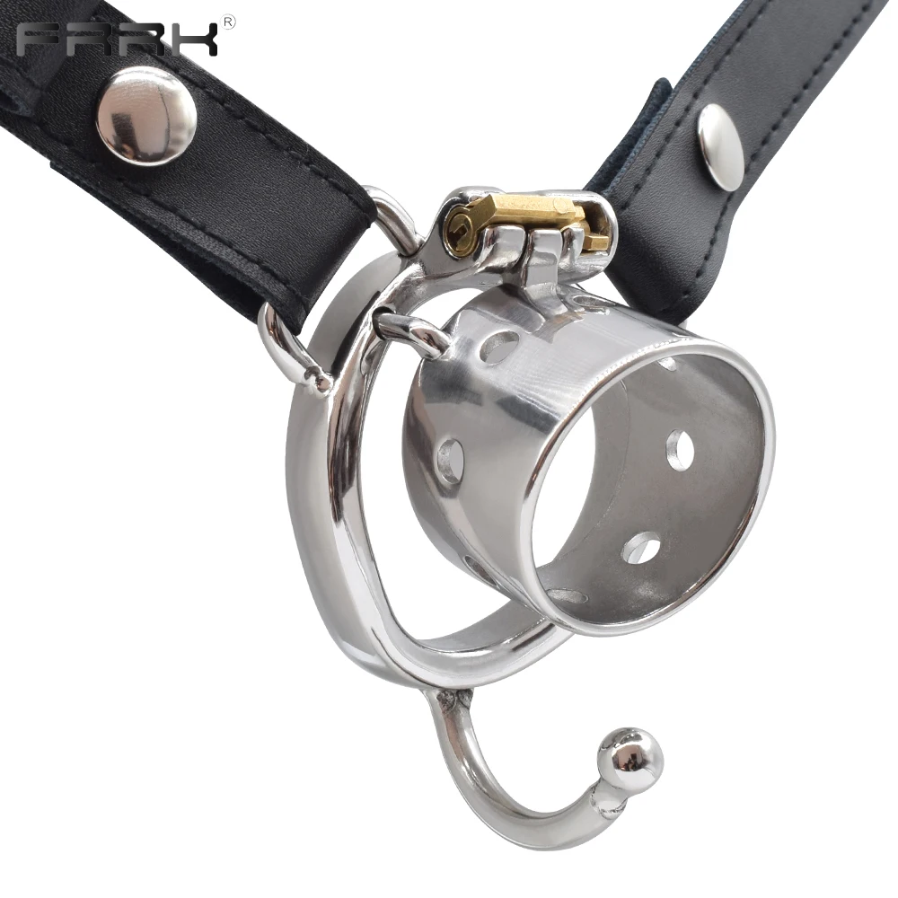 FRRK-Cinturón de castidad de acero con jaula para el pene para pareja, BDSM juguete Sexual, anillos para el pene, fáciles de usar productos sexuales, correa en el dispositivo de Bondage