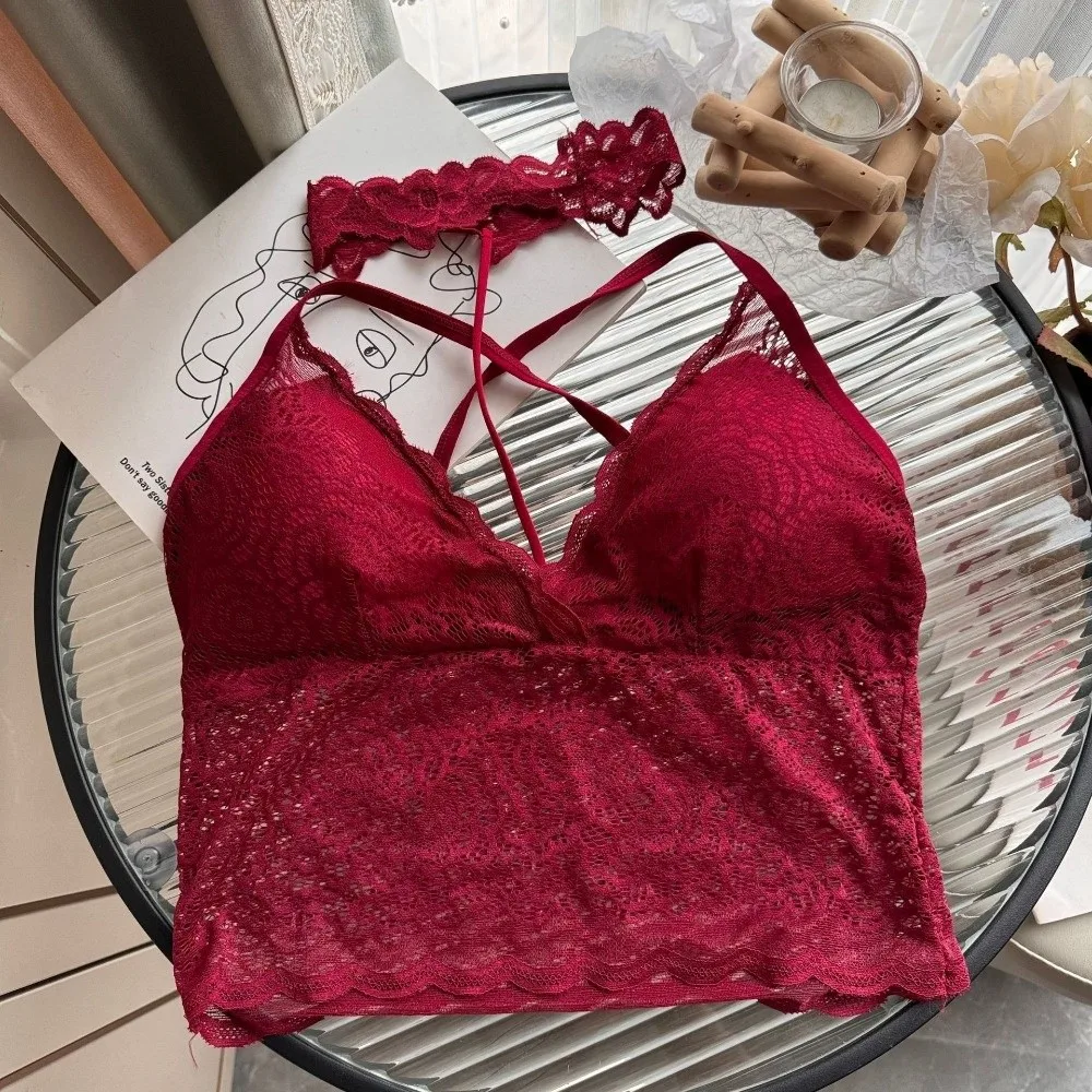 Pure Desire Thin Halter Tank Top Removable Bra Pads Stretch Fit Lace Bra No Steel Ring Backless Style Bustier Bra for Women