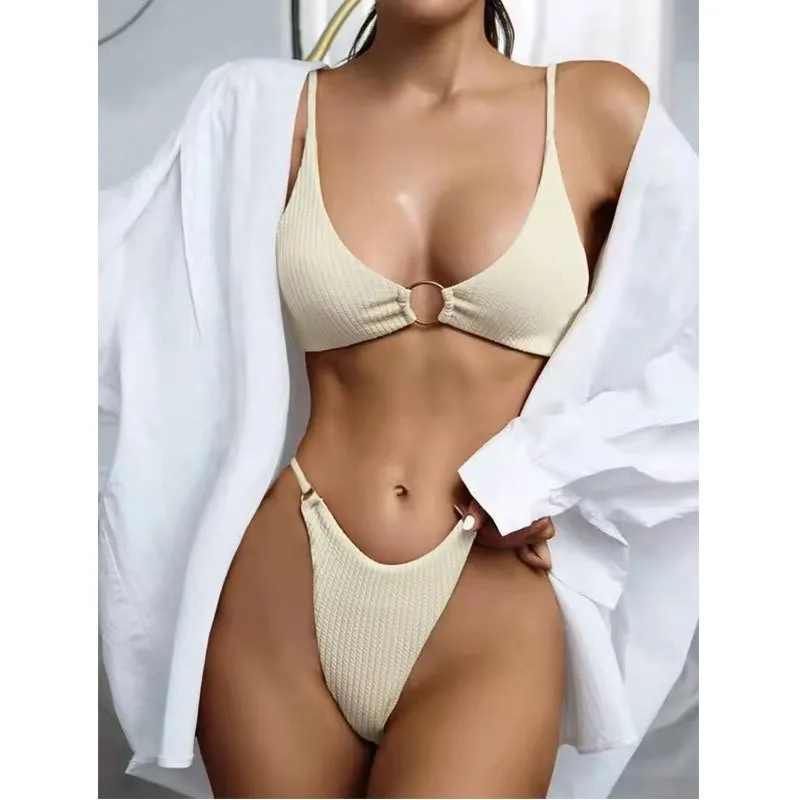 Women's 2026 Bikini Women's Two-piece Triangle Top Thong Bottom Swimwear Metal Ring Adjustable Straps Solid Two Piece Swimsuit