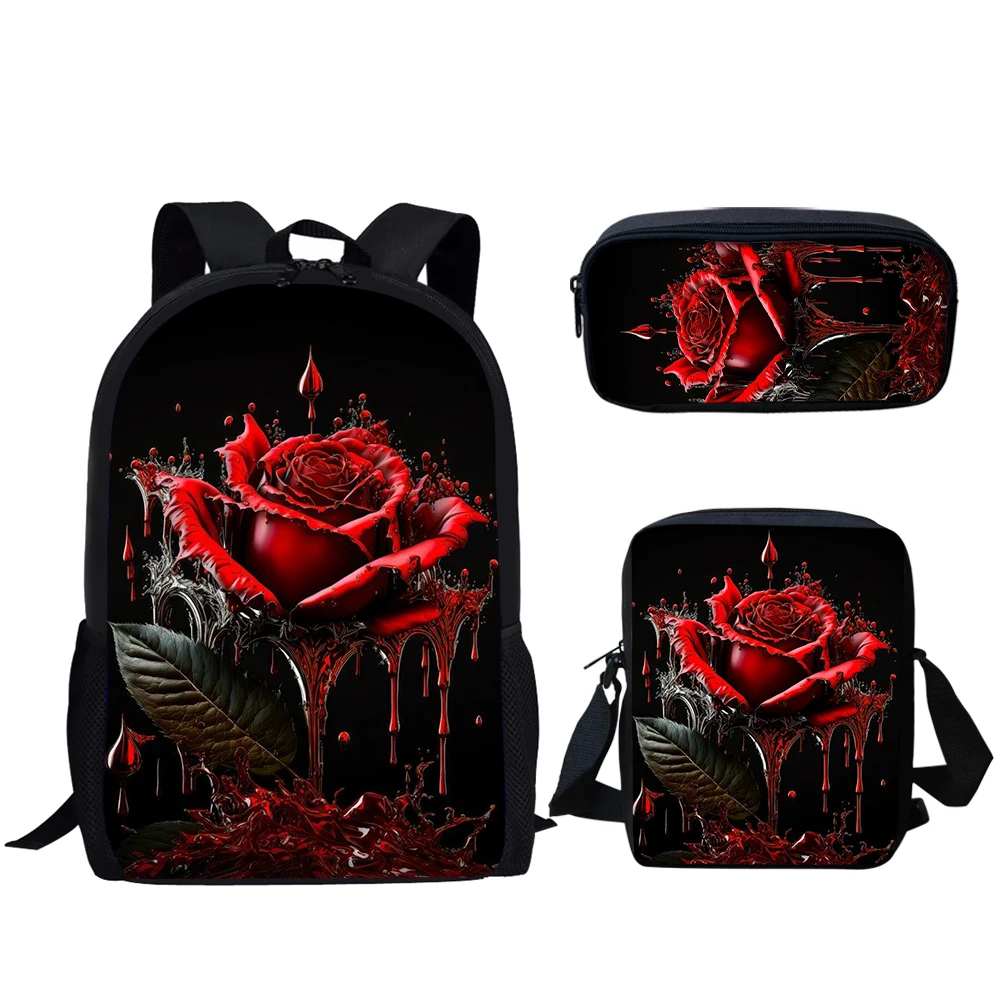 3Set School Bags for Teen Girls Gothic Rose Print Casual Women Backpacks Bookbags for College Student Large Capacity Backpacks K