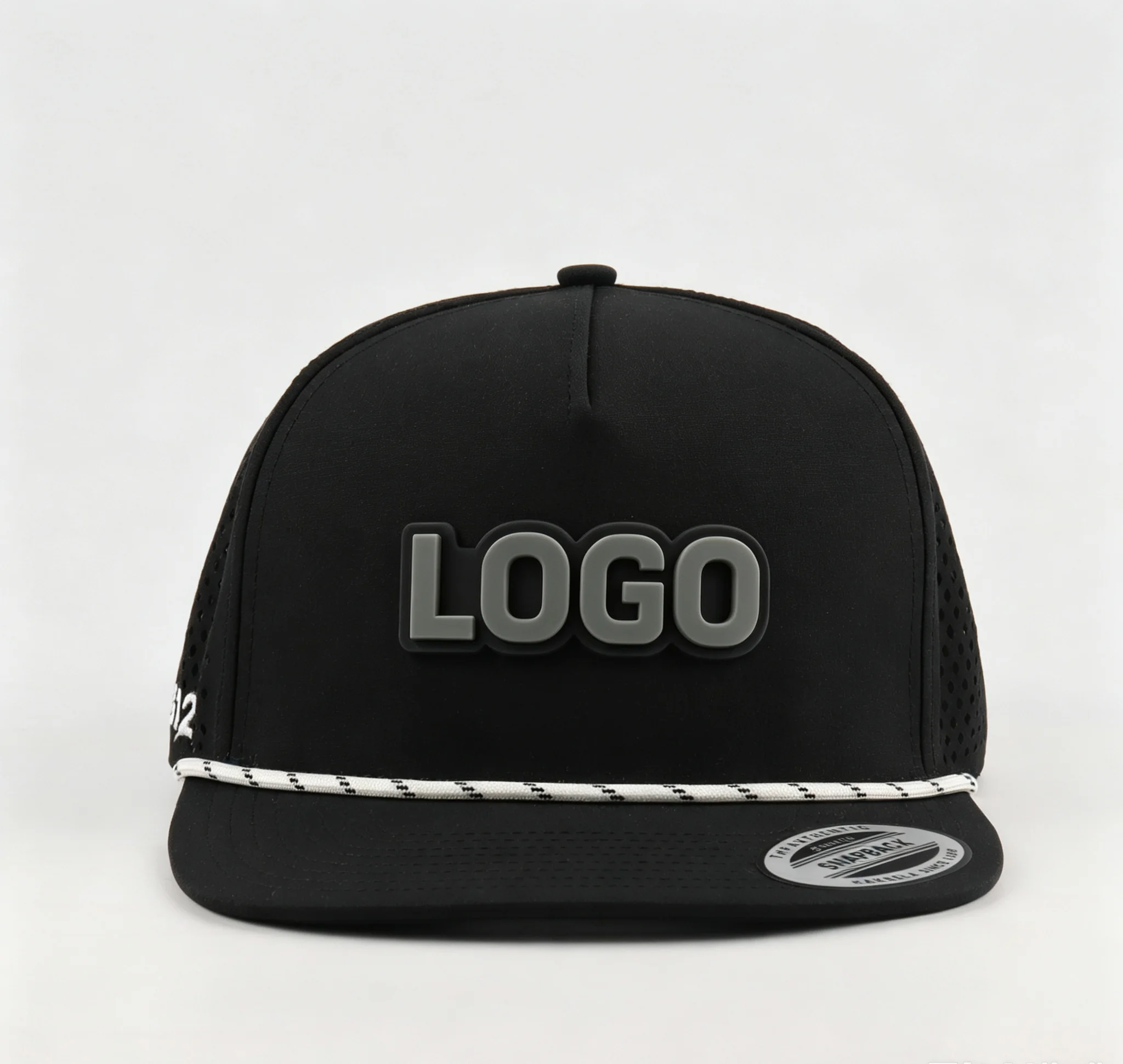 Customized 5 Panel Flat Brim Hat Waterproof Laser Cut Perforated Rope Sports Cap with Custom Logo PVC Rubber Patch for Wholesale