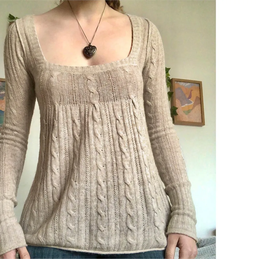 

2026 Spring Square Leader Pull Femmes Comfortable Pullover Retro Women's Clothes Temperament Slim Knitted Long Sleeves All-match