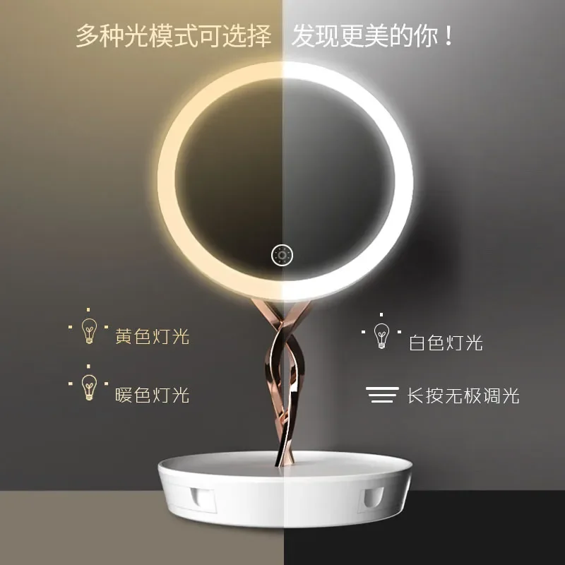Luxury LED Makeup Mirror with Storage Desktop Vanity Light Three Color Rechargeable Enlarged Cosmetic Mirror for Dressing