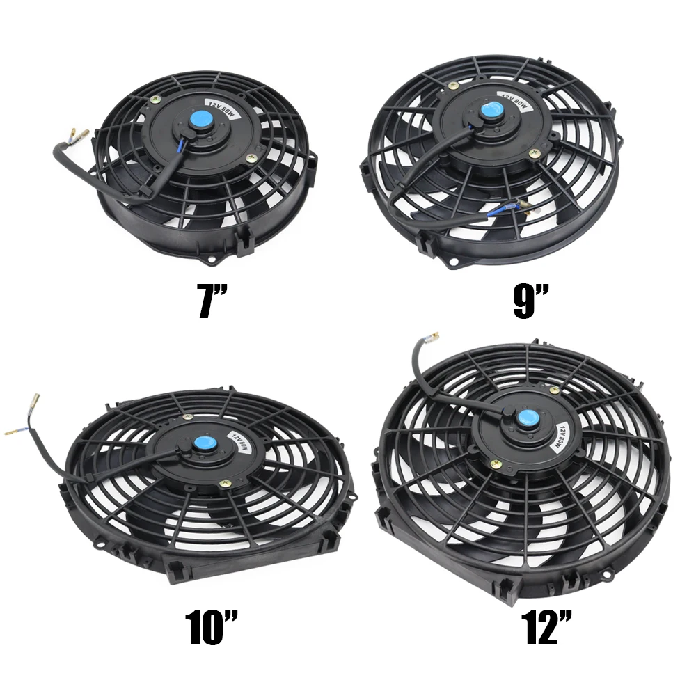 7 9 10 12 Inch Universal 12V 80W Slim Reversible Black Blade Electric Cooling Radiator Auto Fan Mounting Kit