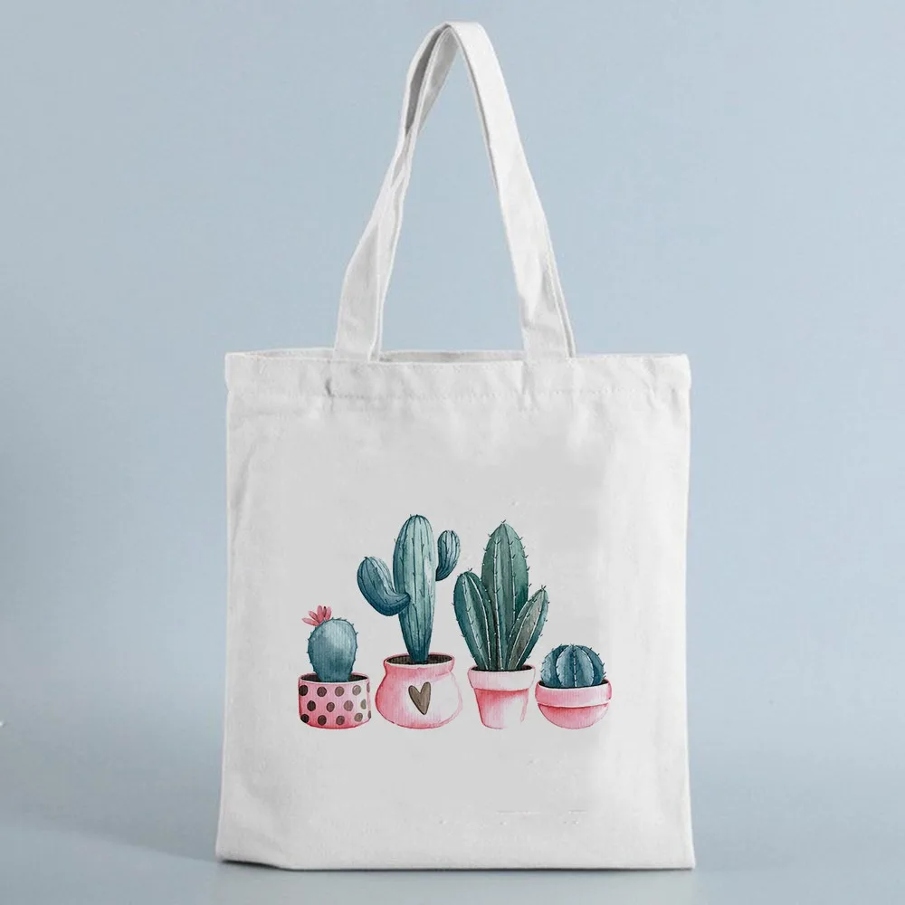 Pink Pot Watercolor Cactus Canvas Tote Bag Potted Succulent Plant Print Handbag For Plant Lover Daily Casual Shopping Bag