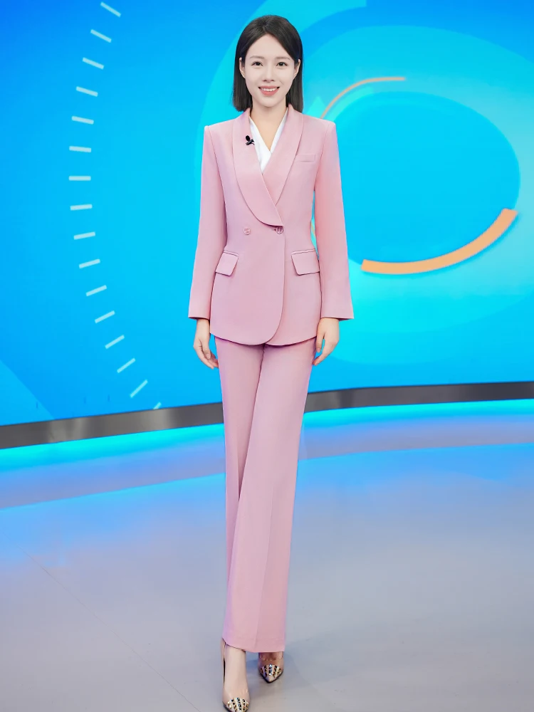 

Розовый кожаный деловой костюм с подплечниками, профессиональная рабочая одежда для ведущих, преподавателей, для экзаменов и соревнований, с широкими брюками и высокой талией