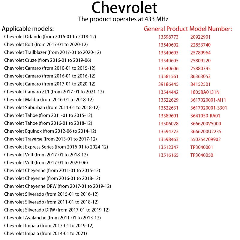 1/4 Stück 433MHz Reifendrucksensor Passend für Chevrolet Malibu Cruze Camaro Equinox Traverse Tahoe Auto TPMS 13598773 13540605 – Detail 2