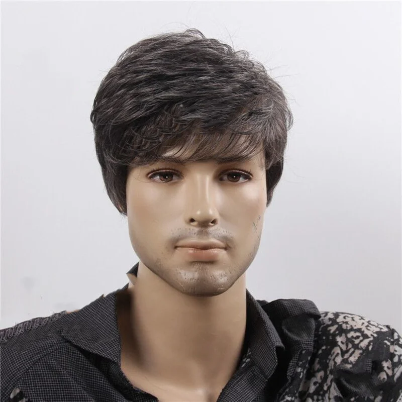 

Men's Wig Fluffy Wig Brown Grey Men's Short Straight Hair Wig+Wig Cap