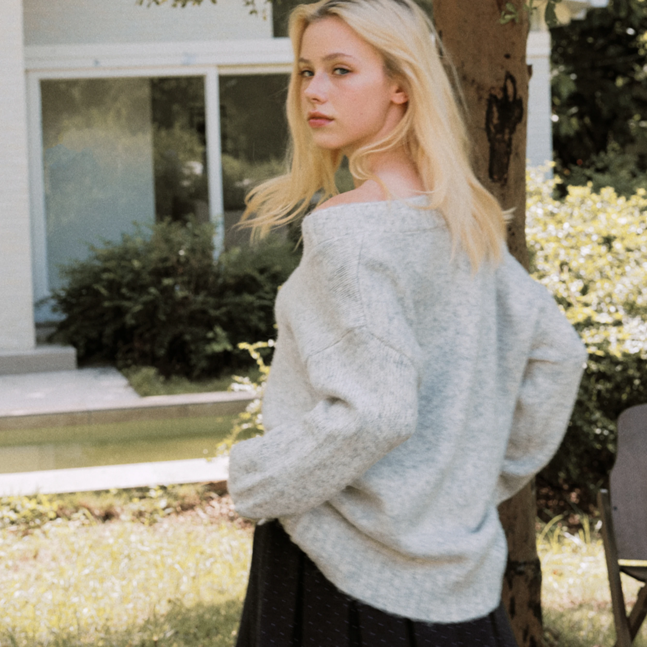 YESCCI Off Shoulder Sweater V Neck Loose Fit Drop Shoulder Knit Top Casual Trick Long Sleeve Pullover Women's Jumper S55330185