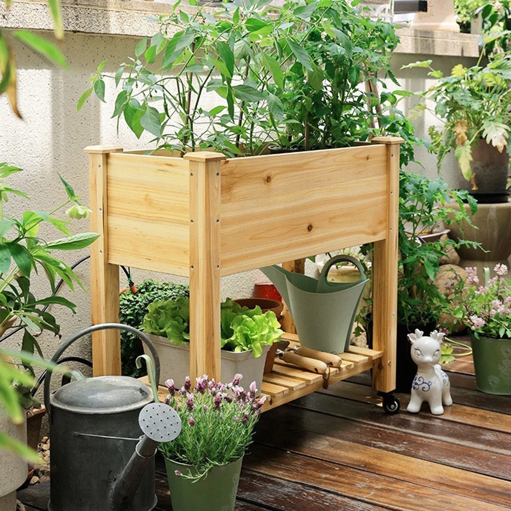 122x55x81cm Raised Wooden Garden Planter Bed with Lockable Wheels Lower Storage Shelf Drainage Holes & Liner Elevated Standing Herb Vegetable Flower Growing Box for Patio Backyard Balcony Indoor Outdoor Gardening