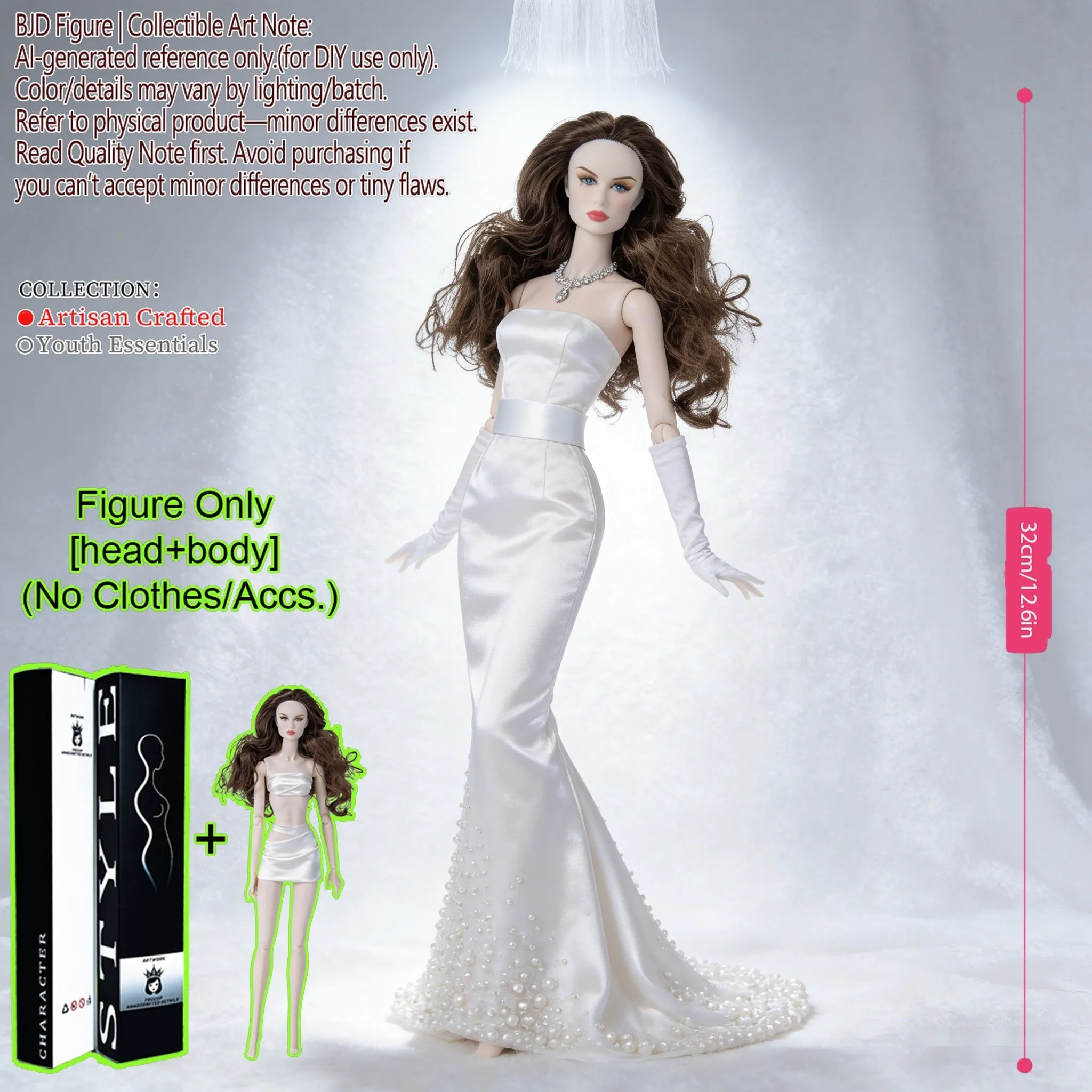 BJD Articolato 1/6 con 12 Articolazioni, 32 cm, Capelli e Pelle, Dettagli Raffinati, Outfit Fai-da-te, Regalo di Compleanno/Festività, Espositore (Senza Vestiti)