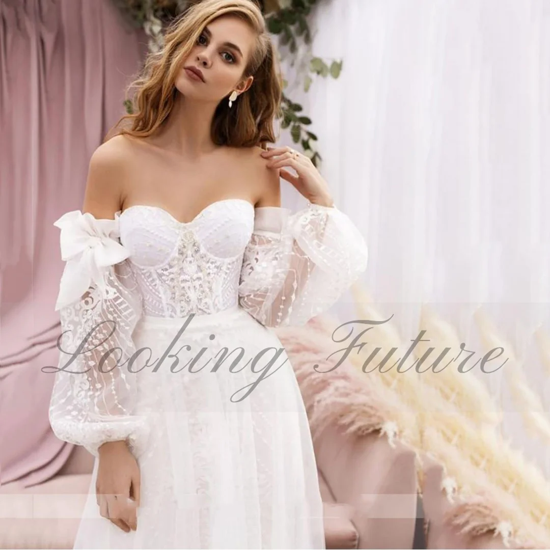 Elegant Lace A Line Wedding Dresses Sweetheart Half Puff Sleeve Embroidery Bride Gowns Princess Plest Illusion Dress Customized