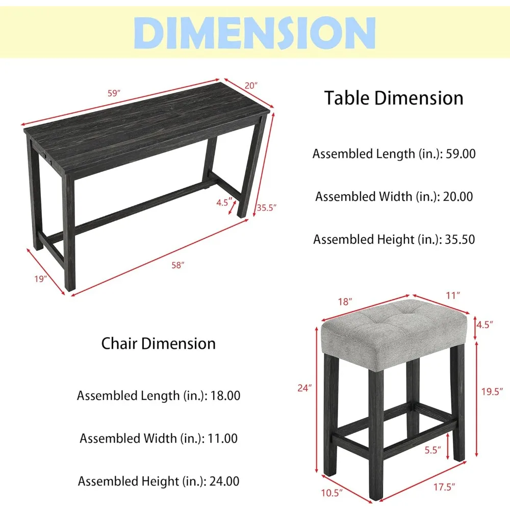 4 Piece Bar Table Set with Power Outlet,Dining Bar Table and Chairs Set,Industrial Breakfast Table with 3 Padded Stools