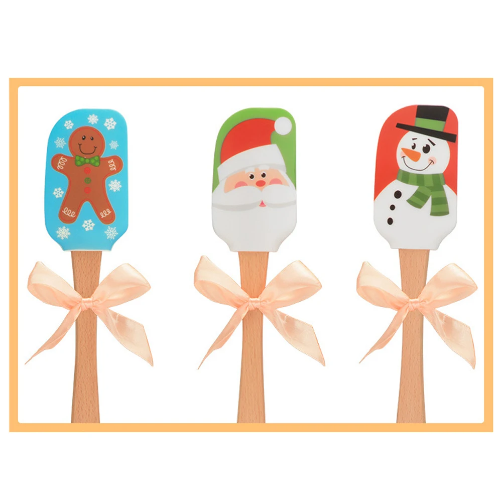 

2 pcs Christmas silicone spatula bamboo h scraper mixing butter holiday kitchen gadget festive tool baking present