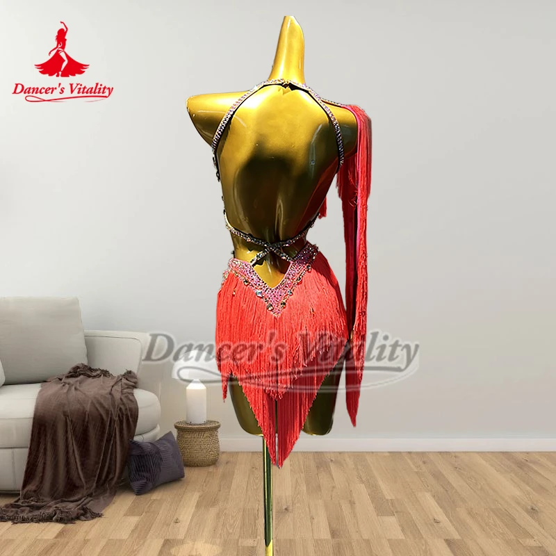 Robes à franges Chacha Samba Perform & Contest orange-rouge pour filles, vêtements de danseuse professionnelle latine pour adultes, vitalité, personnalisés