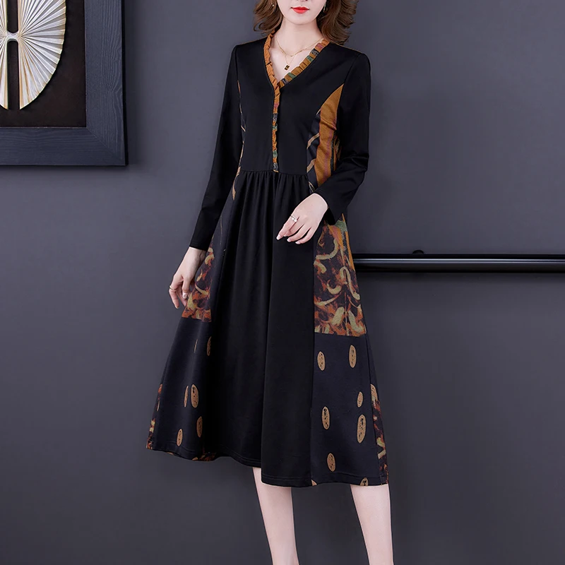 2023 New Fashion Silk Dress Women\'s Autumn Versatile Bottom V-neck Long Sleeve Loose Fit Holiday Party Dress Vestidos