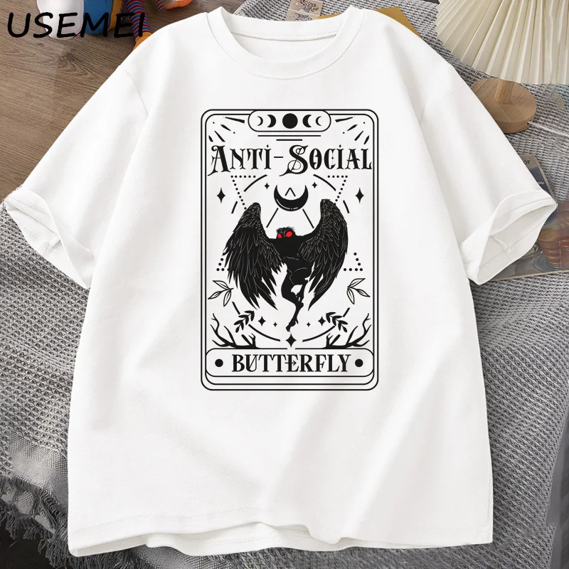 Mothman Tarot Card Butterfly T-shirt Man Vintage Cotton Short Sleeve T Shirt Streetwear Casual Round Neck Printed Tshirts Tops