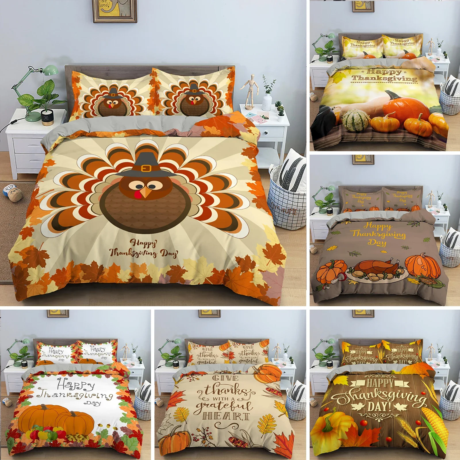 

Autumn Thanksgiving Day Duvet Cover King Queen Cartoon Orange Pumpkin Turkey Bedding Set Maple Leaves Soft Polyester Quilt Cover