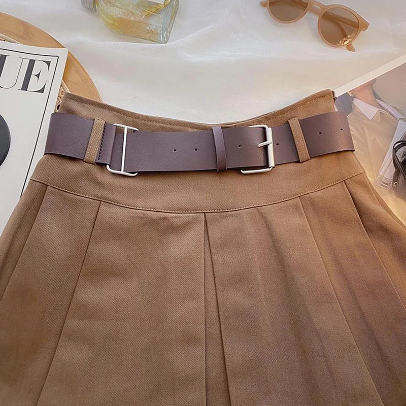 Fashion Belt Women Pleated Skirts High Waist Shorts Mini Skirt Buttons Female Korean All Match Skirt New