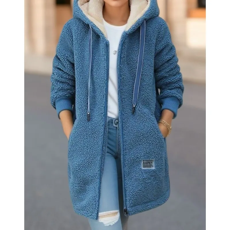 

Trendy New Hooded Jacket Coat 2025 Winter Thickened Fleece-lined Sweatshirt Solid Lamb Wool Mid-length Cardigan Outdoor Outfits