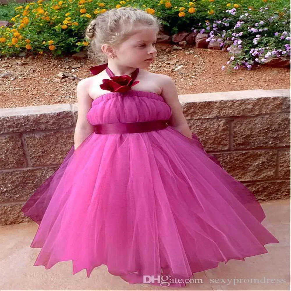 

Simple Halter Flower Girl Dresses Tulle Long Flower Girl Gowns With Ribbon Sash Wedding Baby Party Dress Cheap Kids Formal Wear