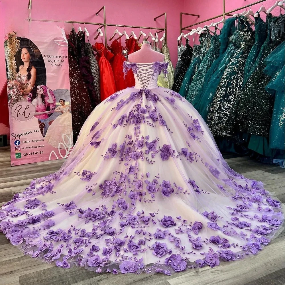 Lila Prinses Quinceanera Jurken Baljurk Van De Schouder Bloemenparels Sweet 16 Jurken 15 Años Custom