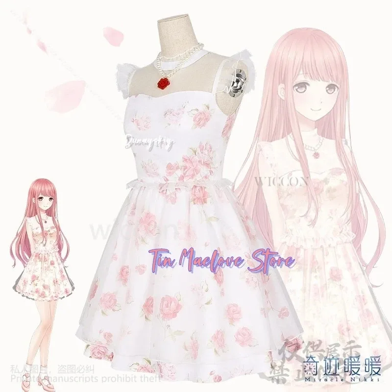 

a7d@Anime Game Nikki Cosplay Floral Print Mini Dress Sexy Lace Patchwork Suspender Tie Pink Lolita Jirai Kei Girls Wigs Customiz