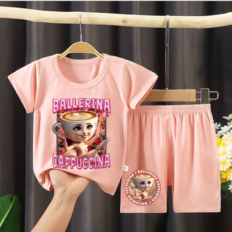 Pijamas italianos de Brainrot para niñas, ropa de dormir de manga corta con estampado de bailarina y Capuccina, ropa de descanso Kawaii, ropa de verano para niños