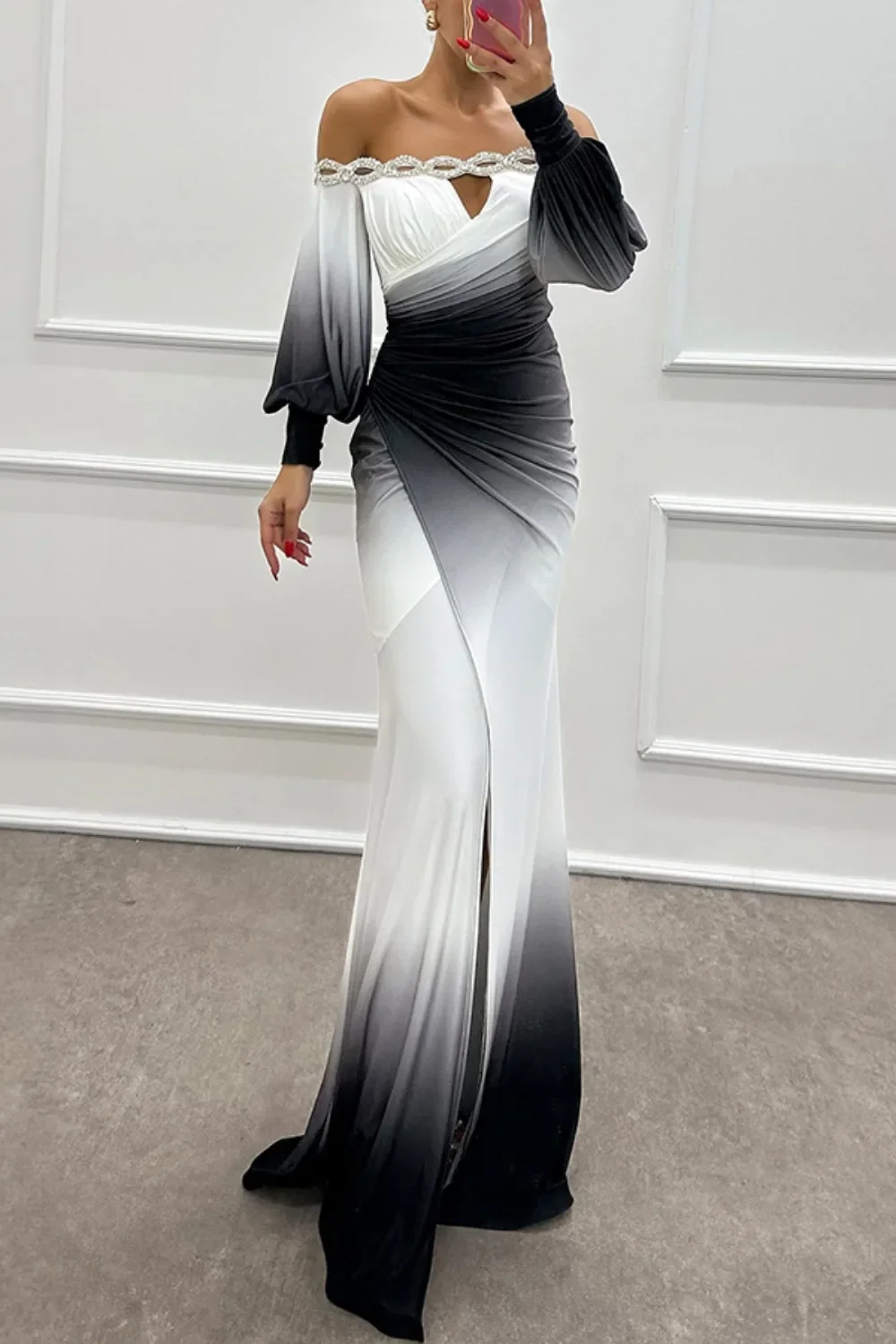 

Elegant Women's Evening Dresses Off Shoulder Long Sleeve Slit Skinny Print Dress Autumn Winter Chic Sexy Maxi Dresses for Women