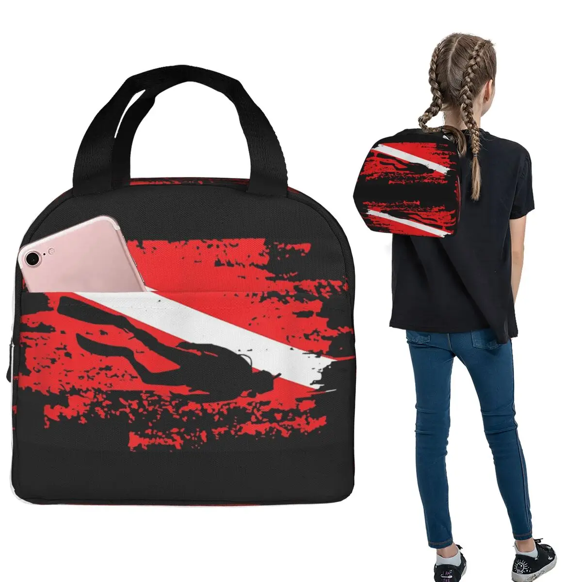 Scuba Diving Diver Down Flag Marine Diver Dive Insulated Lunch Bag for WomenChildren Leakproof Food Boxes Thermal Lunch Box Tote