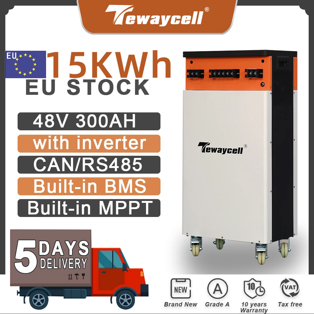 DE Stock 15KWh Powerwall ALL in 1 48V 300Ah LiFePO4 Battery Pack Power ESS Buitl-in BMS Inverter MPPT CAN RS485 WIFI EU Tax Free