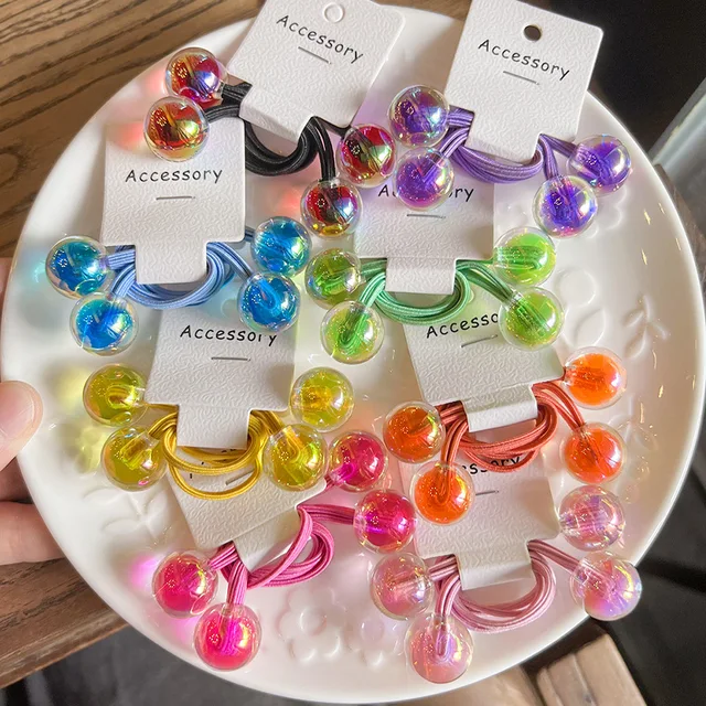 2pcs/lot Korean Color Ball Cartoon Head Cute Simple Long Rubber Band For Girl Children Kawaii Ponytail Hair Ties Party