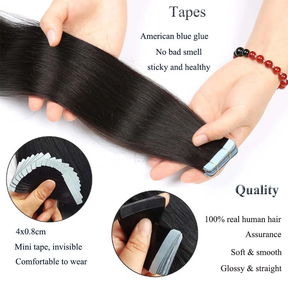 Invisible Tape In 100% Human Hair Extensions Straight PU Seamless Tape In Hair Skin Weft Adhesive Glue On Salon 1B Natural Color