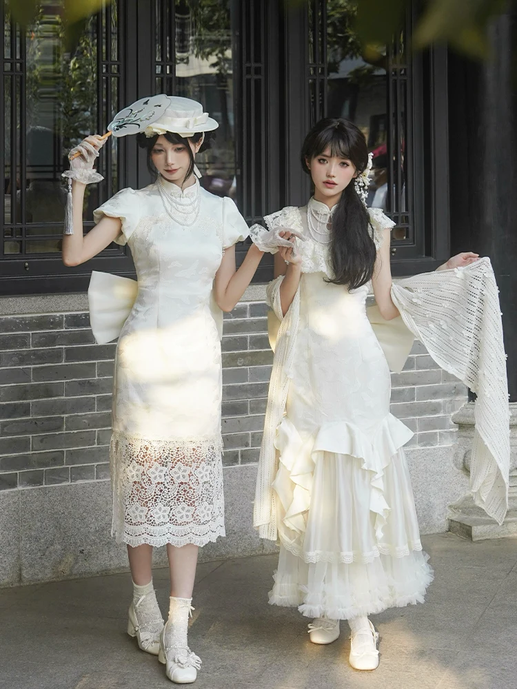 

With Puji Chinese Style Fish Tail Cheongsam Dress Twin Summer Lolita Sweet Princess Dress Elegant Girl Dress