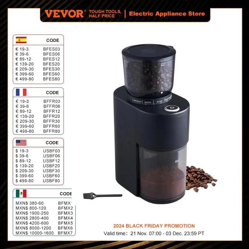 

VEVOR Conical Burr Grinder Electric Adjustable Burr Mill with 38 Precise Grind Setting 5.3-Ounce 20 Cups Coffee Bean Grinder