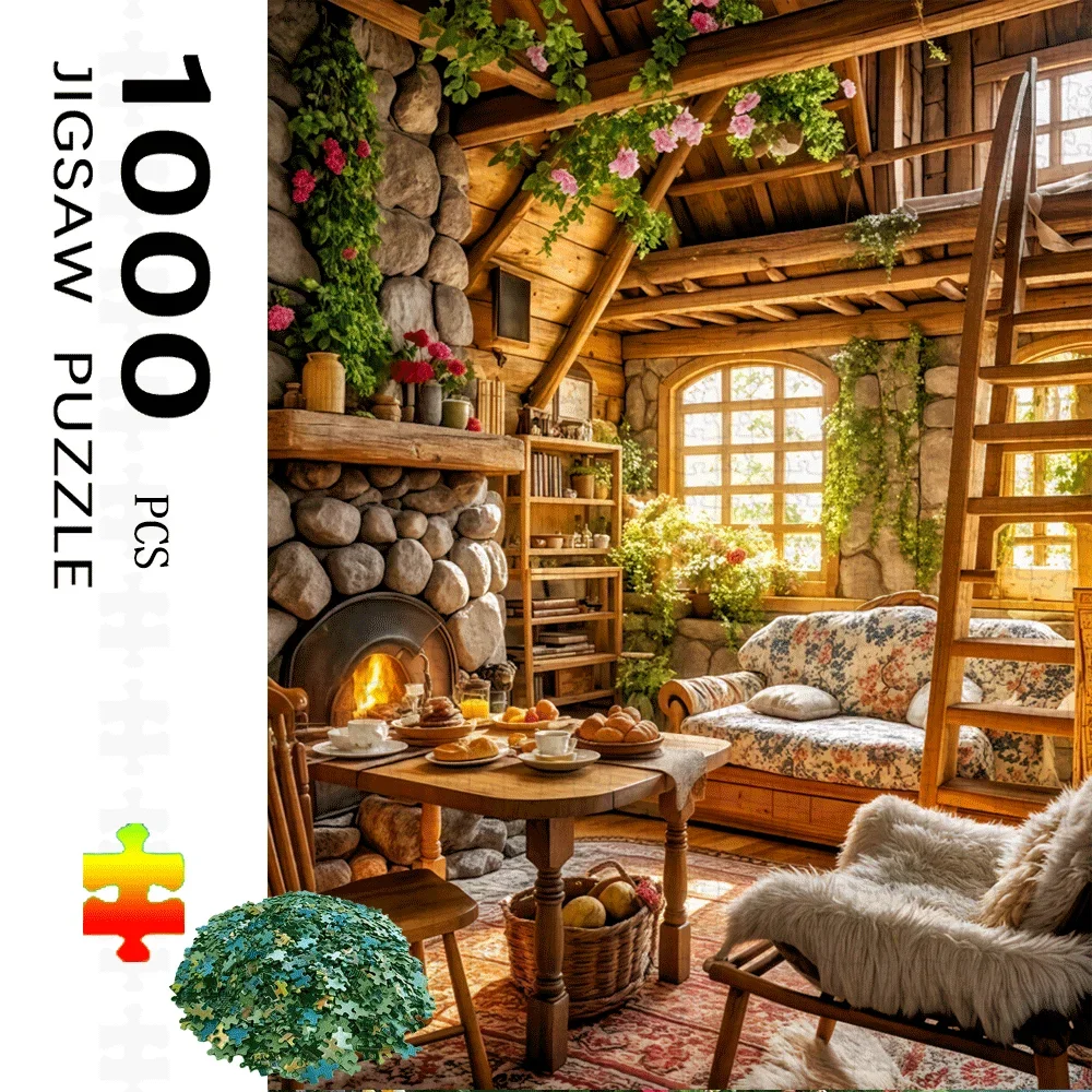 Rompecabezas Interior de casa de madera de 1000 Uds., escena de cabina rústica con chimenea de piedra y sofá Floral, juego de actividades familiares para