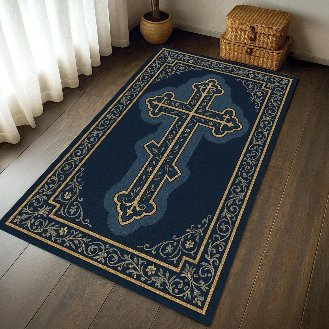 Orthodox Cross Carpet, Christian Prayer Rug for Home Church, Navy Blue Gold Area Rug, Religious Decor, Soft Washable Floor Mat